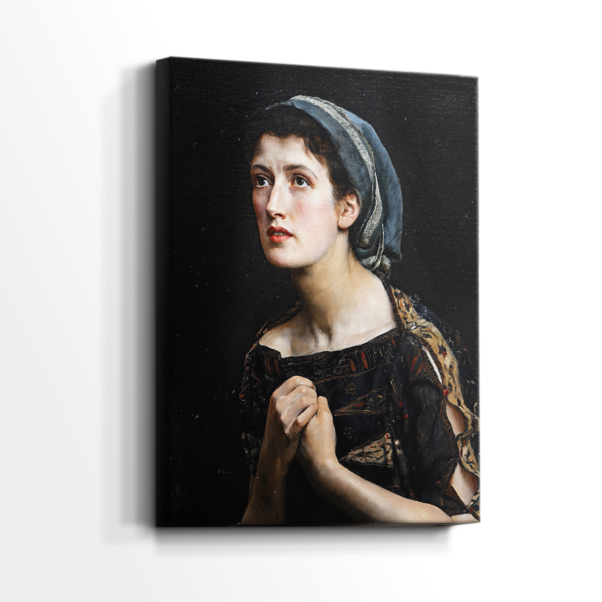 Side view of a canvas art print of a narrative portrait with rich tones and focused gaze, showing gallery-wrapped depth.