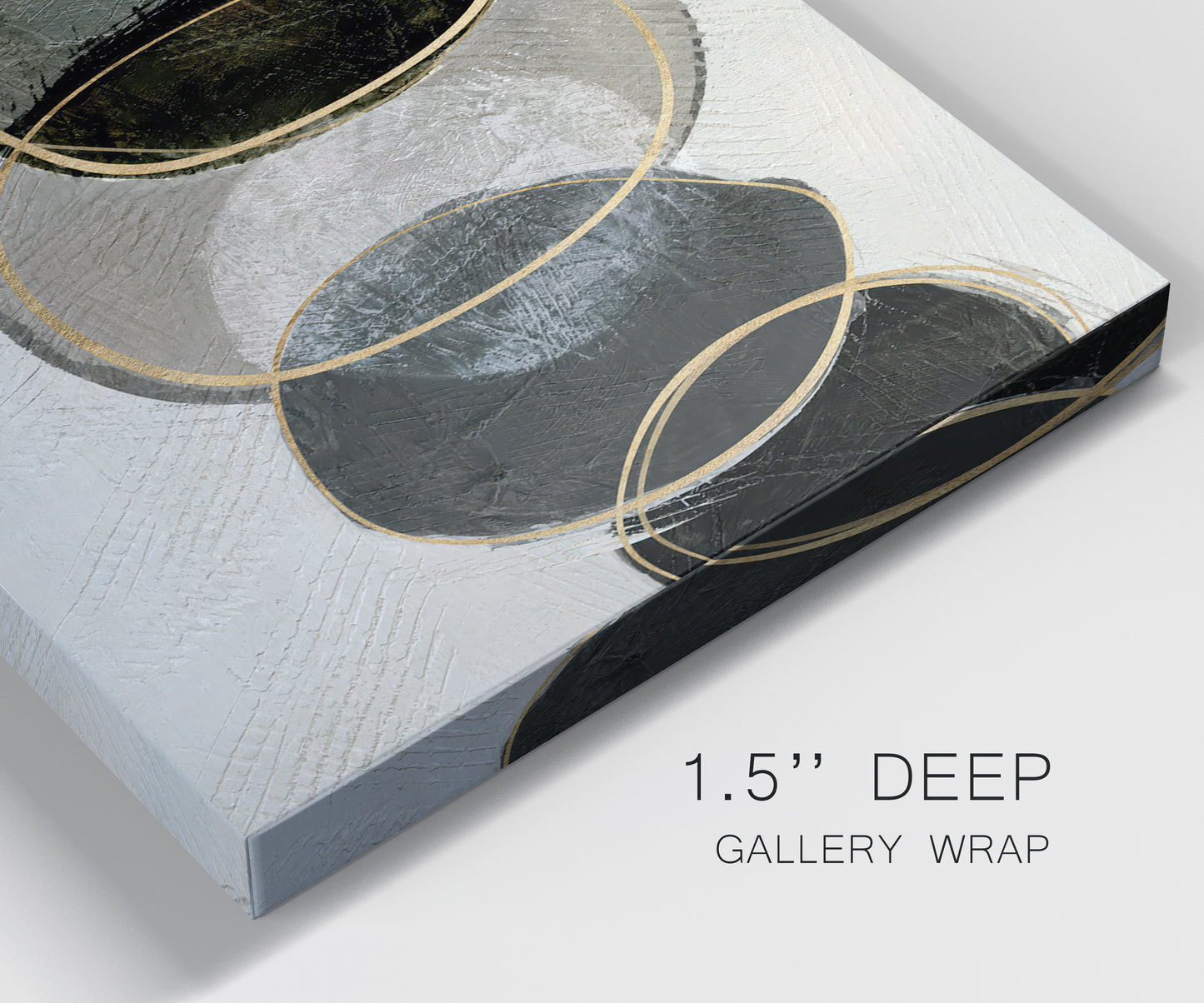 Close-up view of wrapped canvas corner featuring smooth abstract river stone forms.