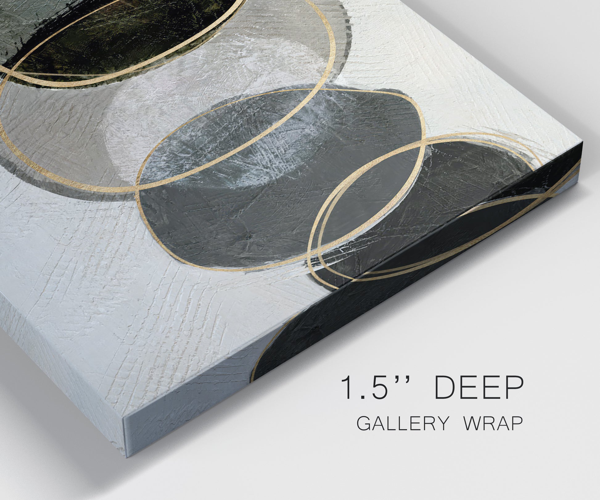 Close-up view of wrapped canvas corner featuring smooth abstract river stone forms.