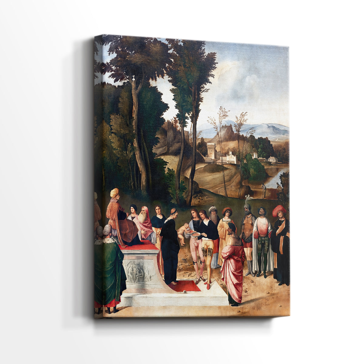 Side view of a canvas art print of a narrative scene with rich color and balanced structure, showing gallery-wrapped depth.