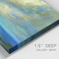 Close-up view of wrapped canvas corner featuring coastal shoreline with soft waves.