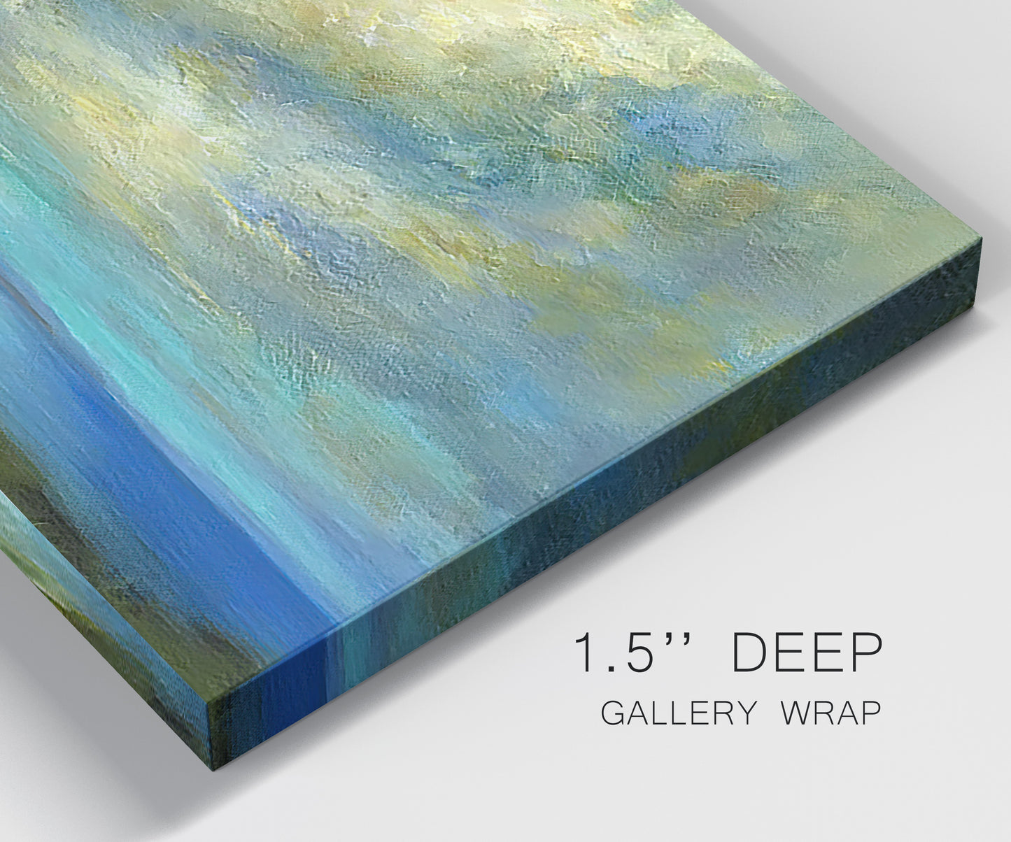 Close-up view of wrapped canvas corner featuring coastal shoreline with soft waves.