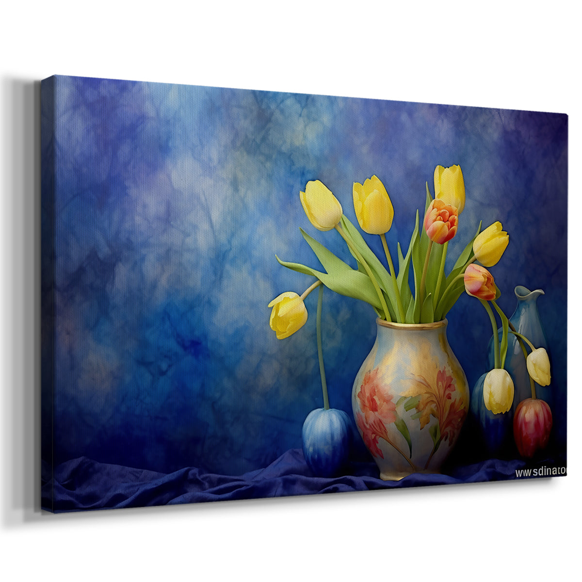 Colorful tulips in a decorative vase against a blue abstract background showcasing the beauty of spring flowers
