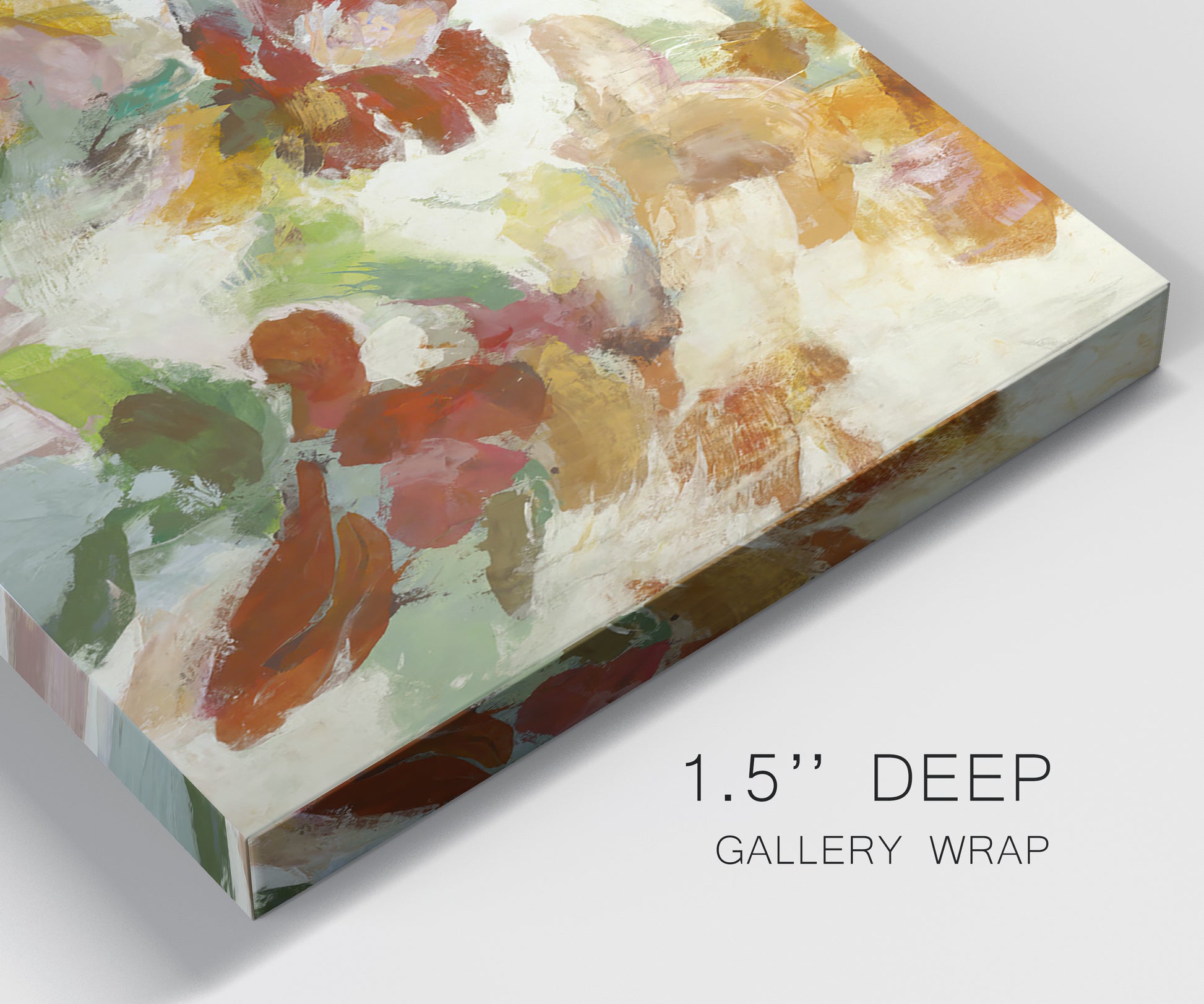 Close-up view of wrapped canvas corner featuring layered floral botanical impressions.