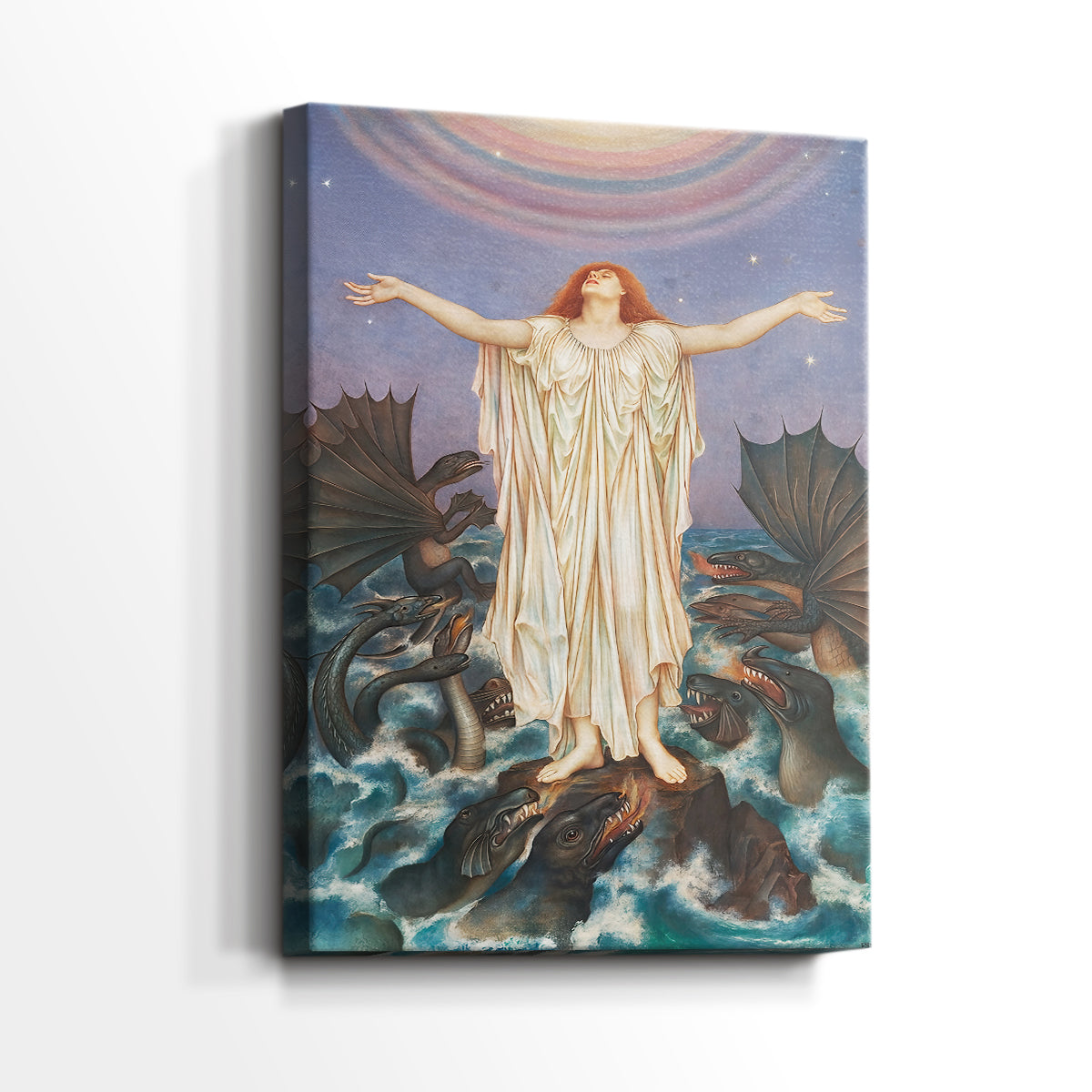 Side view of a canvas art print of a spiritual scene with movement and expressive gestures, showing gallery-wrapped depth.