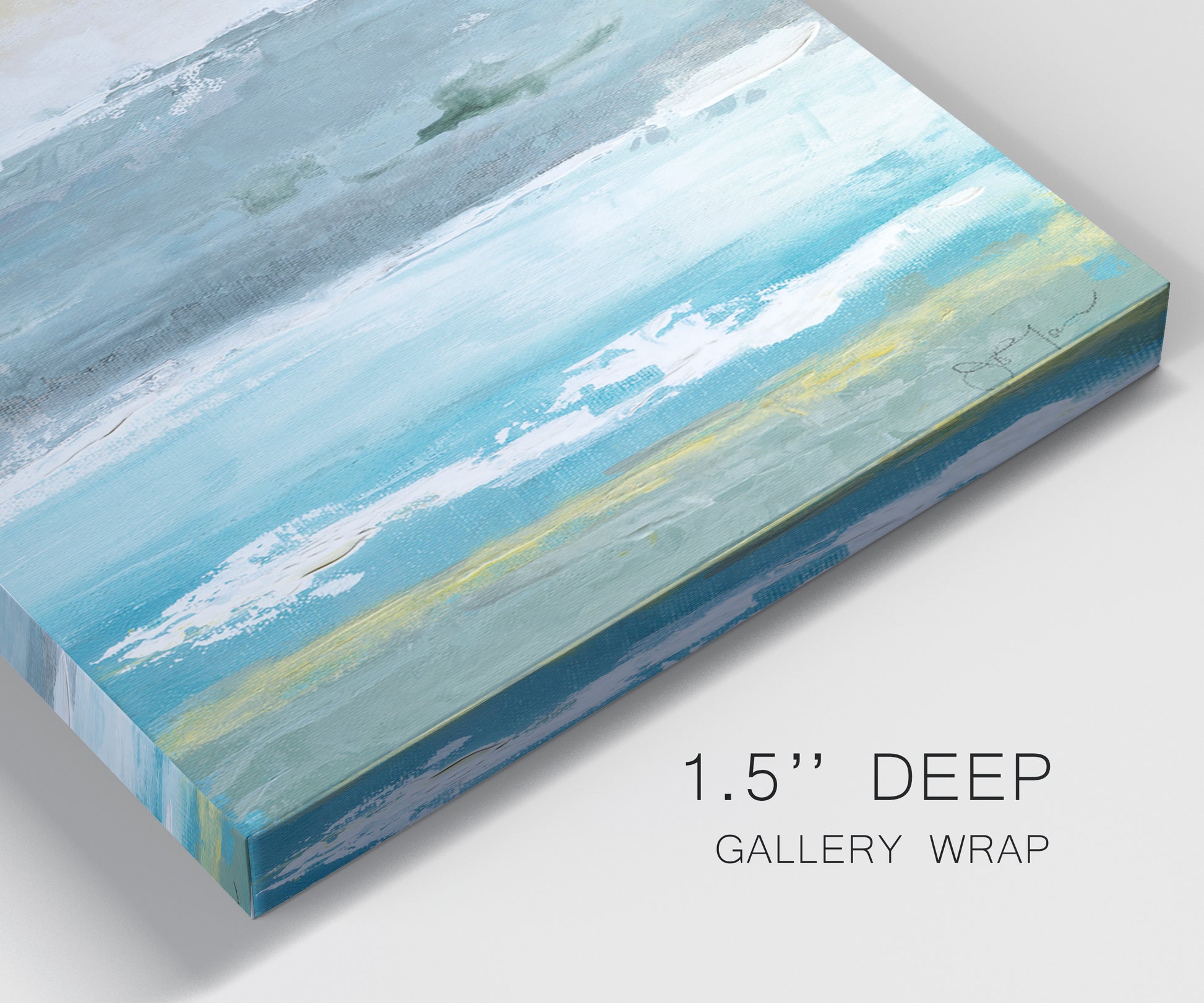 Close-up view of wrapped canvas corner featuring abstract coastal shoreline textures.