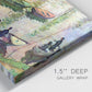 Close-up view of wrapped canvas corner featuring river scene with boats and reflections.