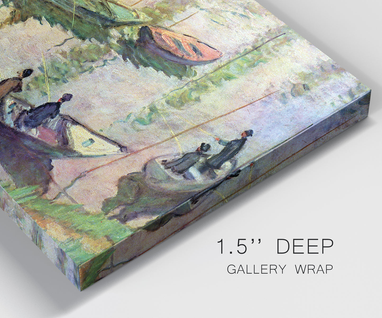 Close-up view of wrapped canvas corner featuring river scene with boats and reflections.