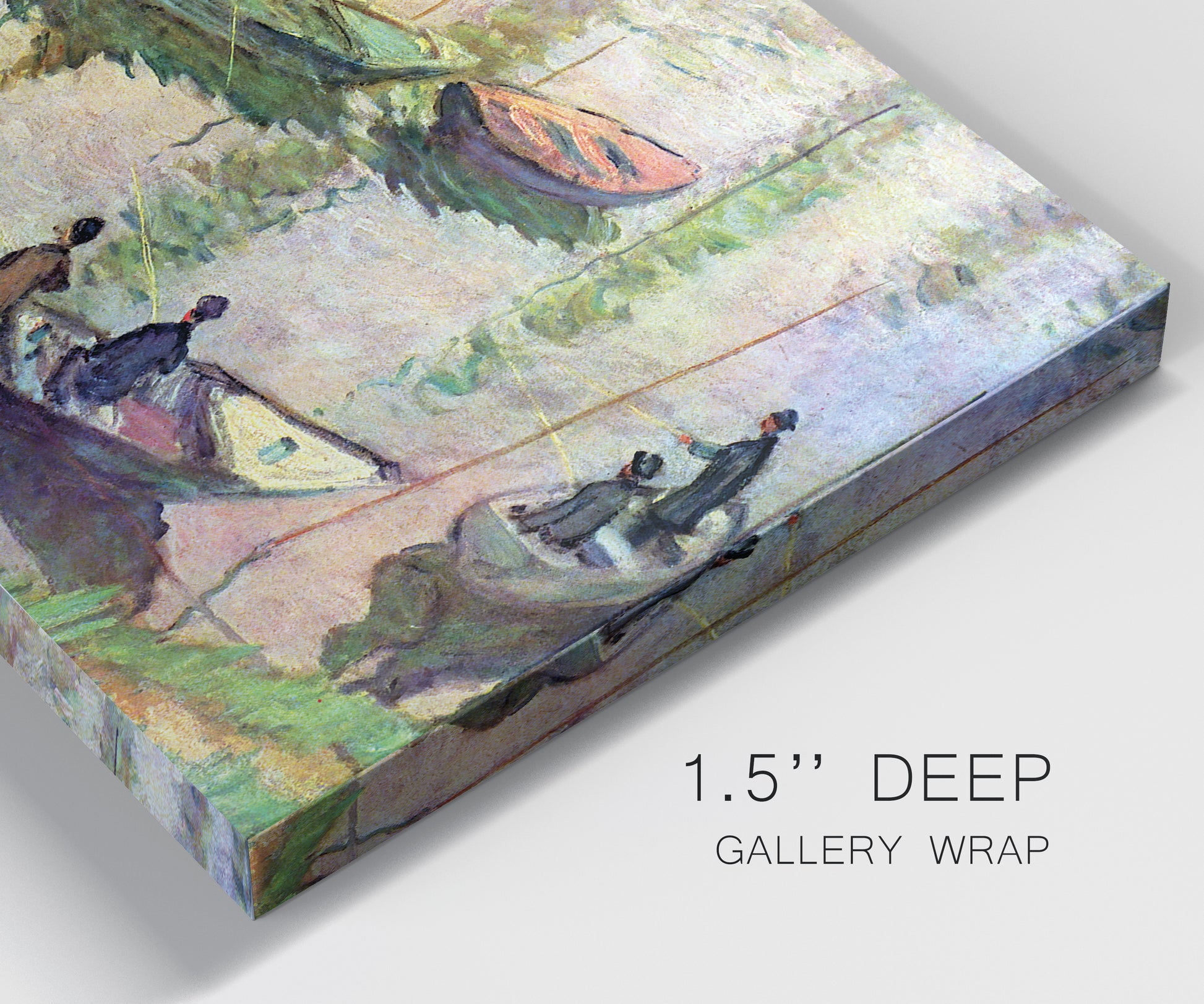 Close-up view of wrapped canvas corner featuring river scene with boats and reflections.