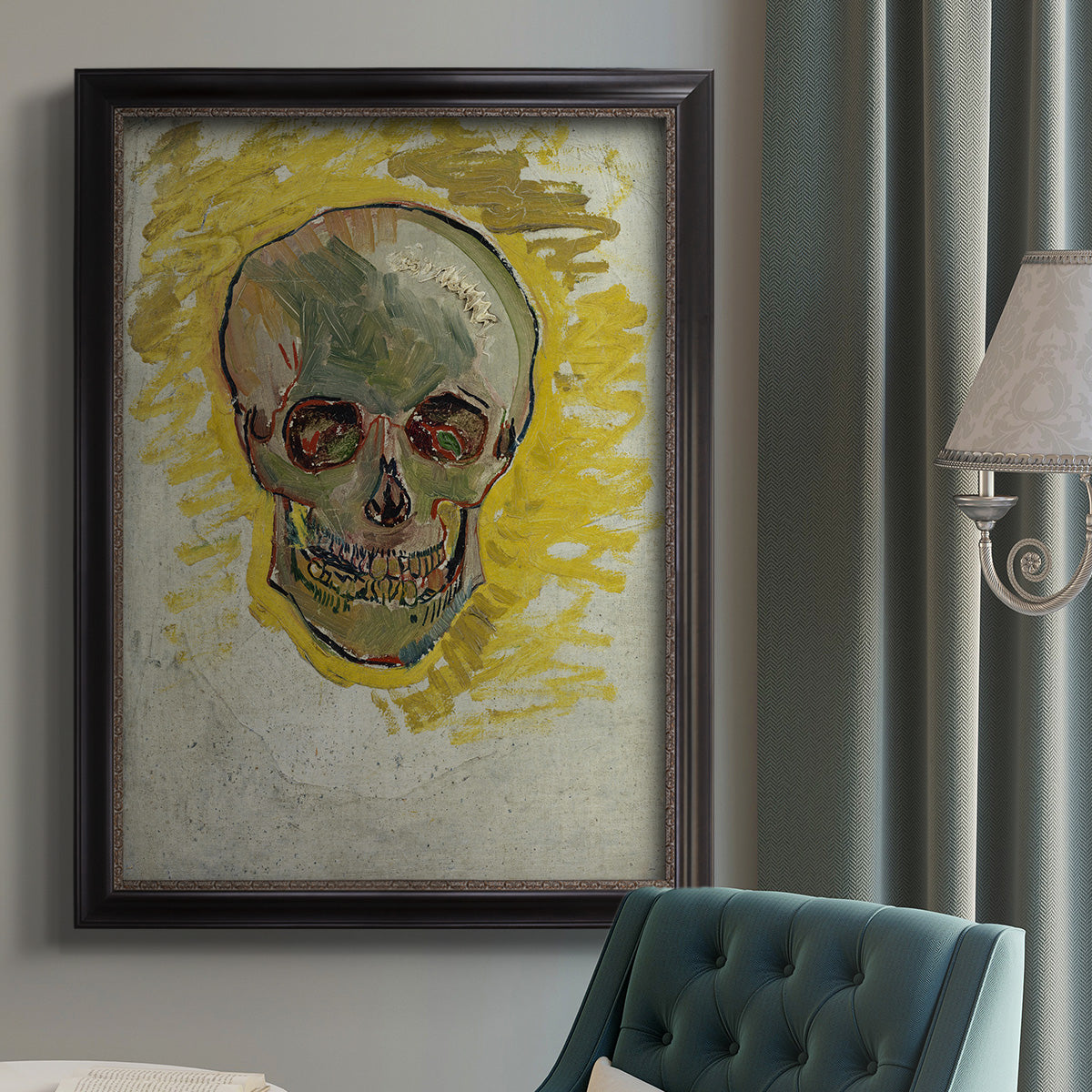 Expressive skull study painting by Vincent van Gogh in an {frame_style_descriptor} displayed in a neutral interior setting.