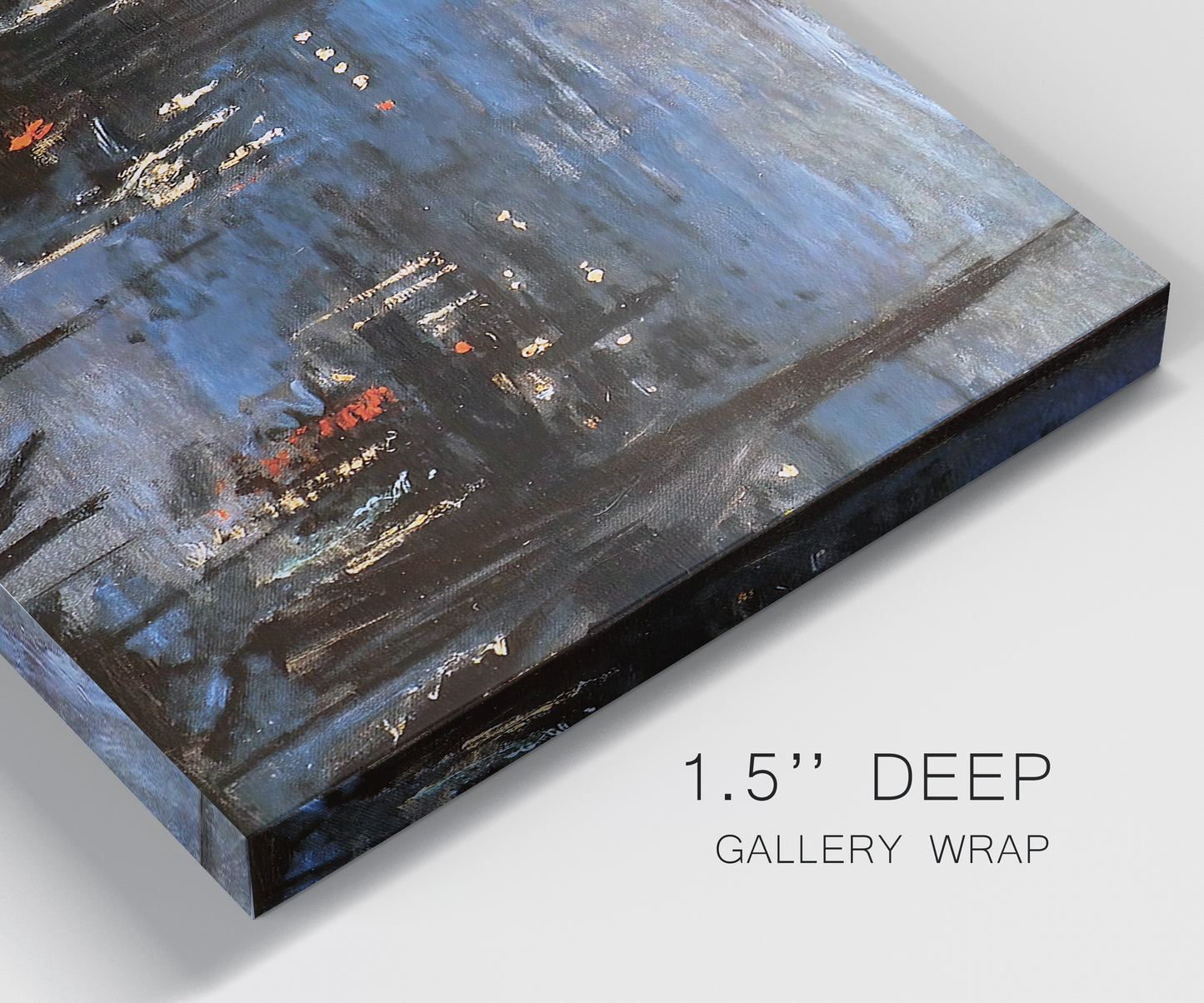 Close-up view of wrapped canvas corner featuring Le Havre port at night with lights.