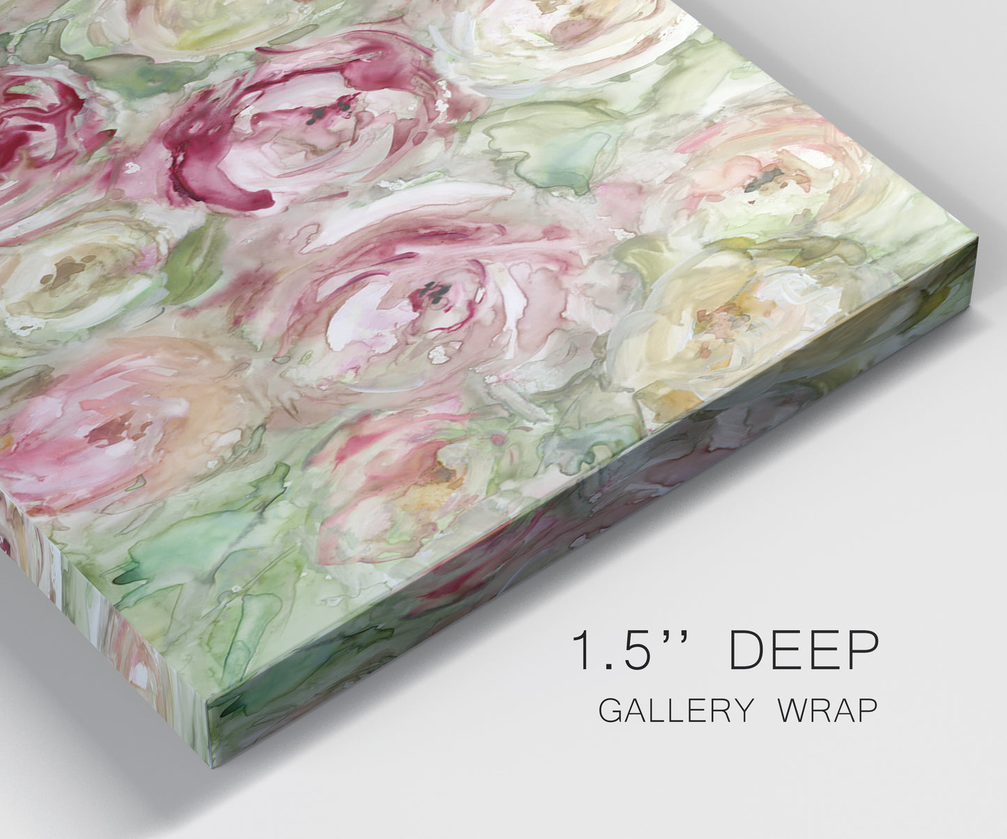 Close-up view of wrapped canvas corner featuring blooming climbing rose.