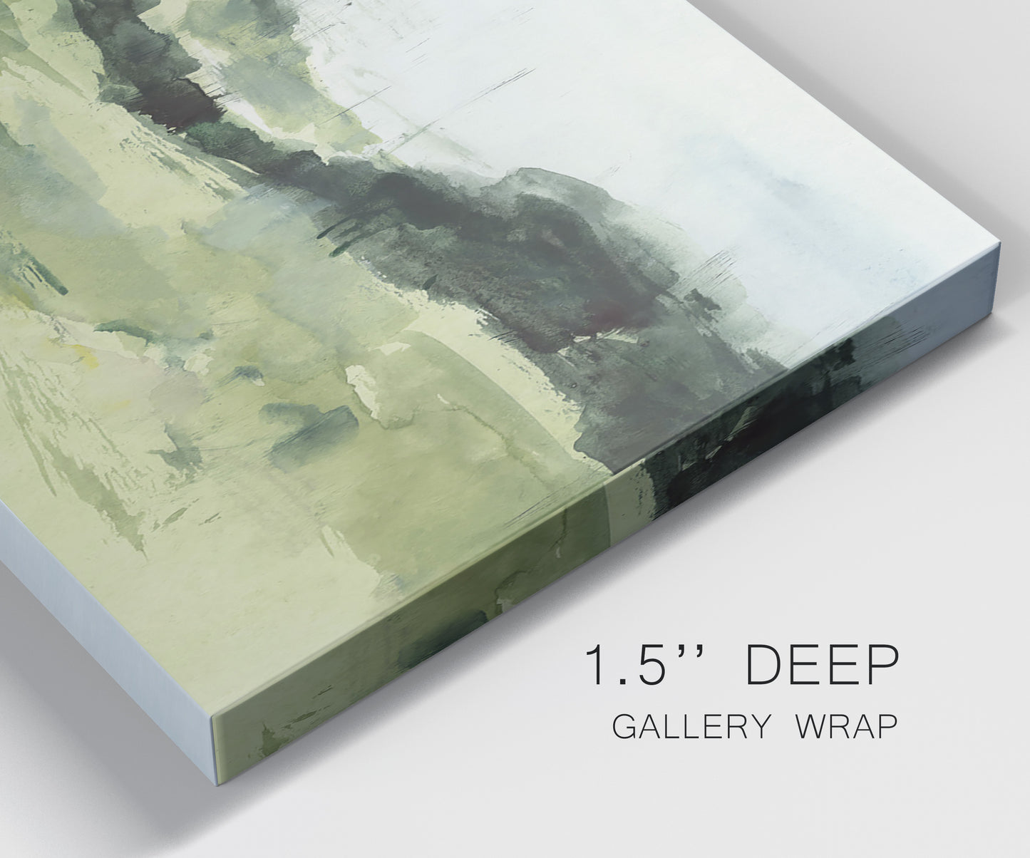 Close-up view of wrapped canvas corner featuring rolling hillside countryside landscape.