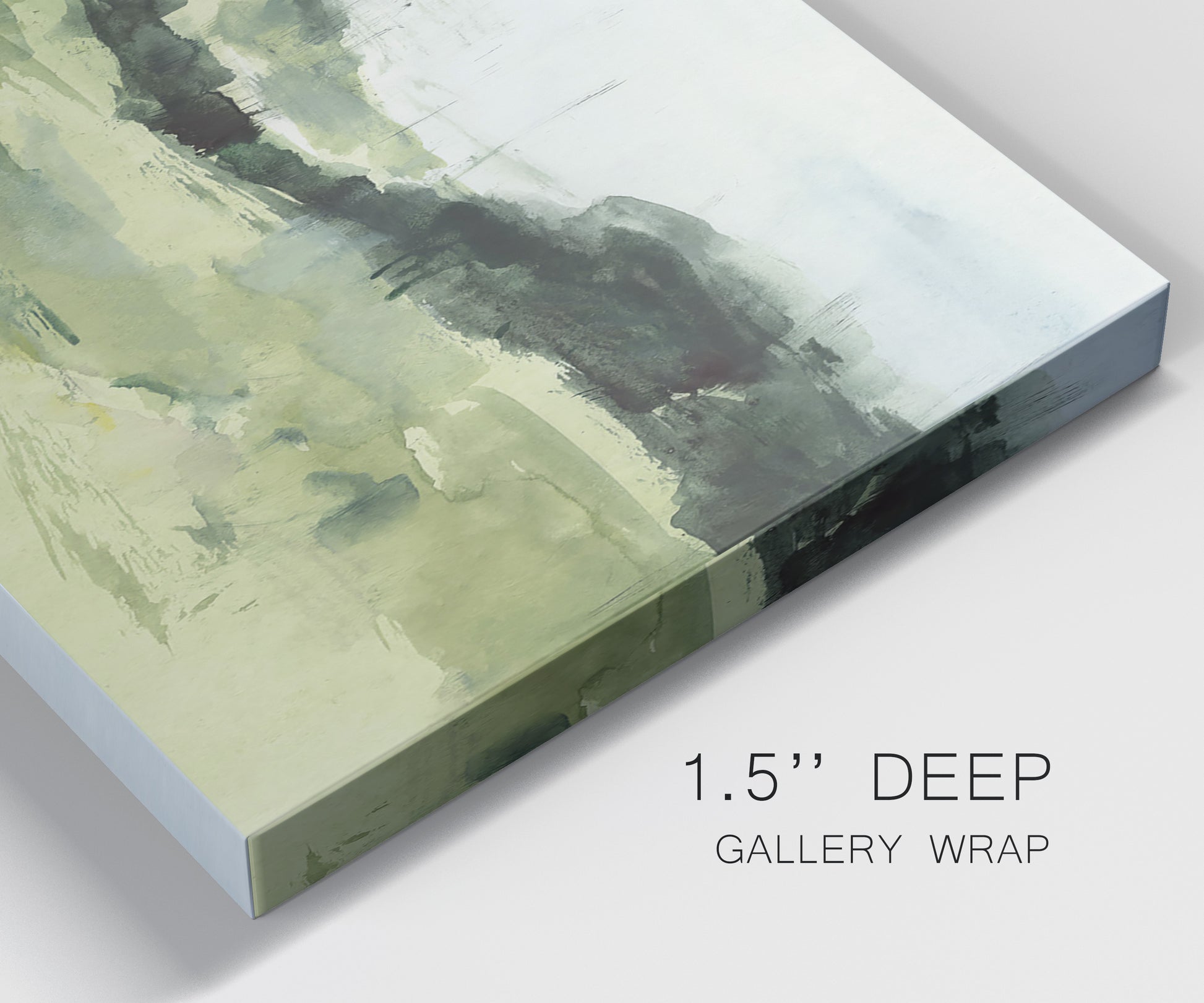 Close-up view of wrapped canvas corner featuring rolling hillside countryside landscape.