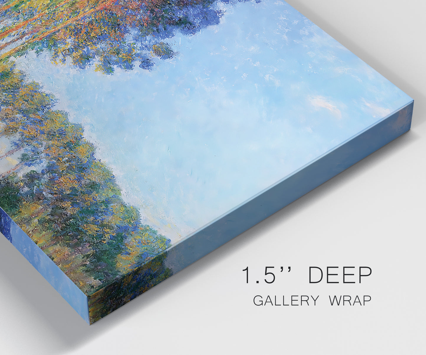 Close-up view of wrapped canvas corner featuring autumn poplar trees along river.