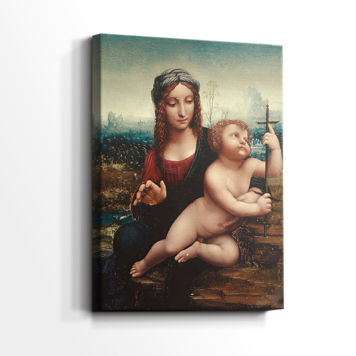 Side view of a canvas art print of a refined image with subtle interaction and soft light, showing gallery-wrapped depth.