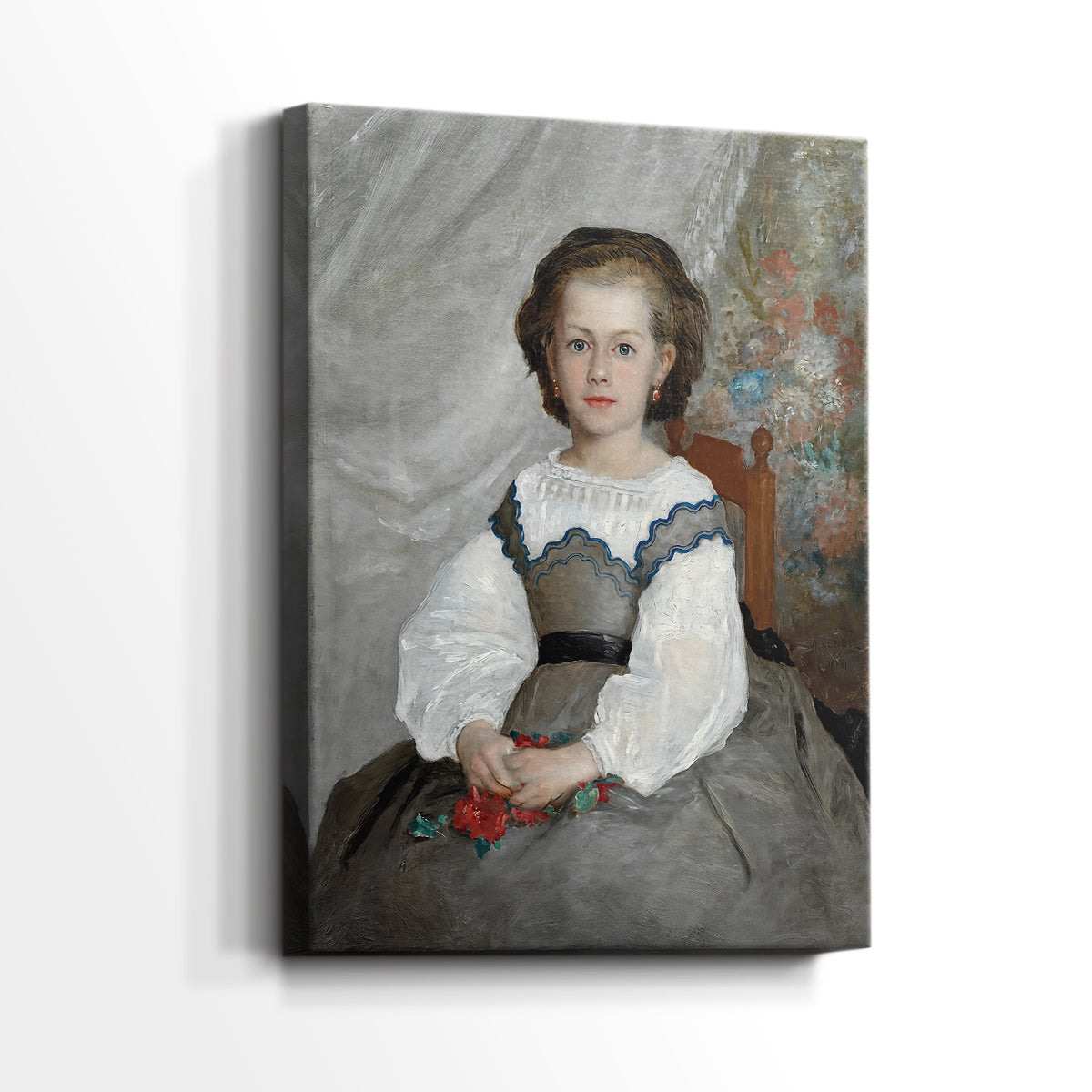 Side view of a canvas art print of a classic figure study with soft brushwork and calm mood, showing gallery-wrapped depth.