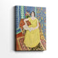 Side view of a canvas art print of a vivid portrait with flat color and decorative setting, showing gallery-wrapped depth.