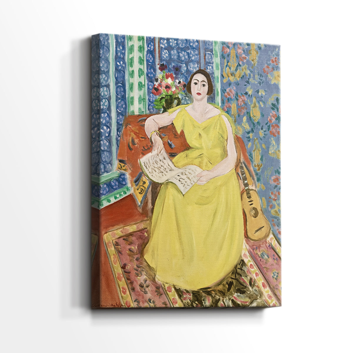 Side view of a canvas art print of a vivid portrait with flat color and decorative setting, showing gallery-wrapped depth.