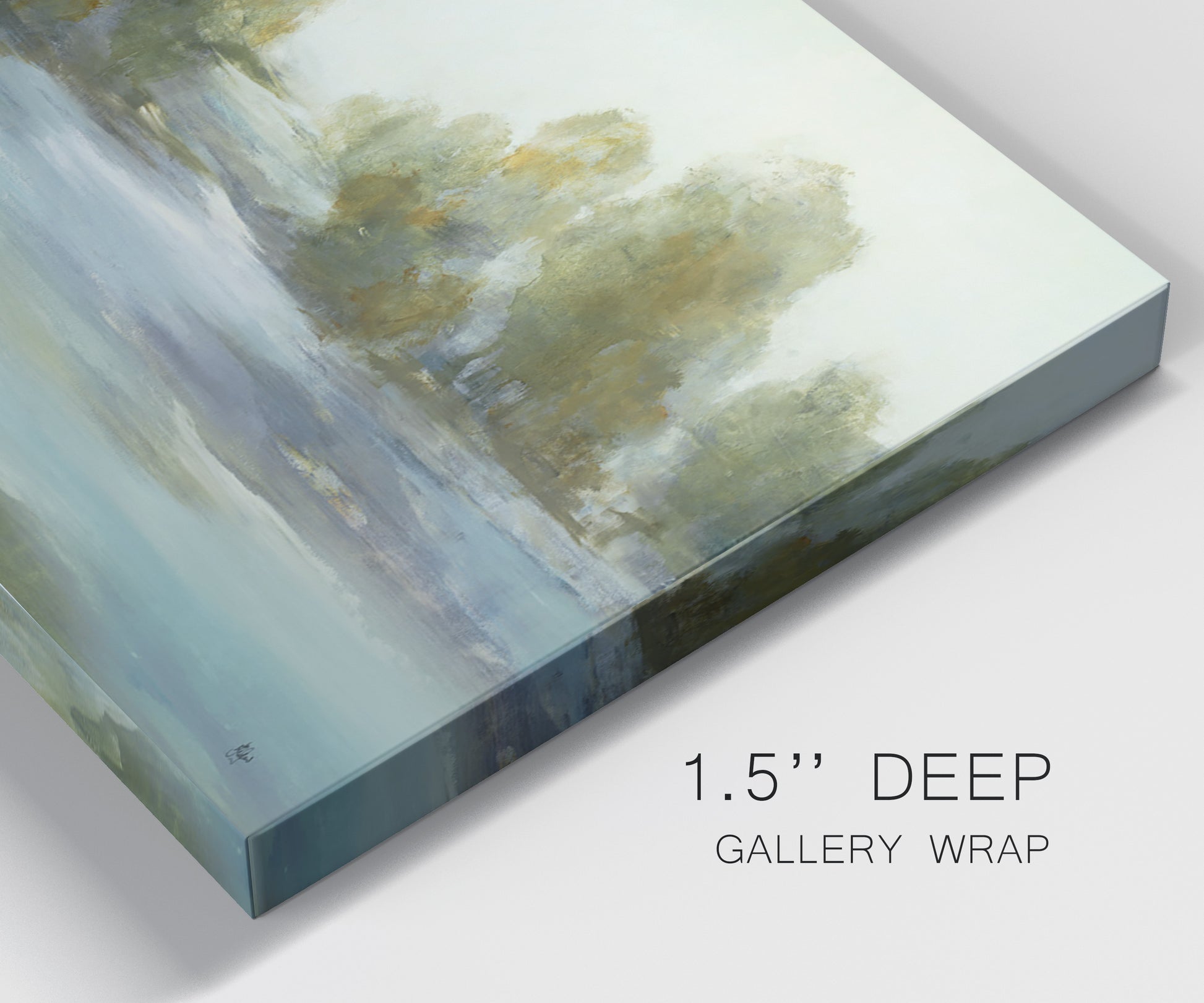 Close-up view of wrapped canvas corner featuring calming scenic landscape view.