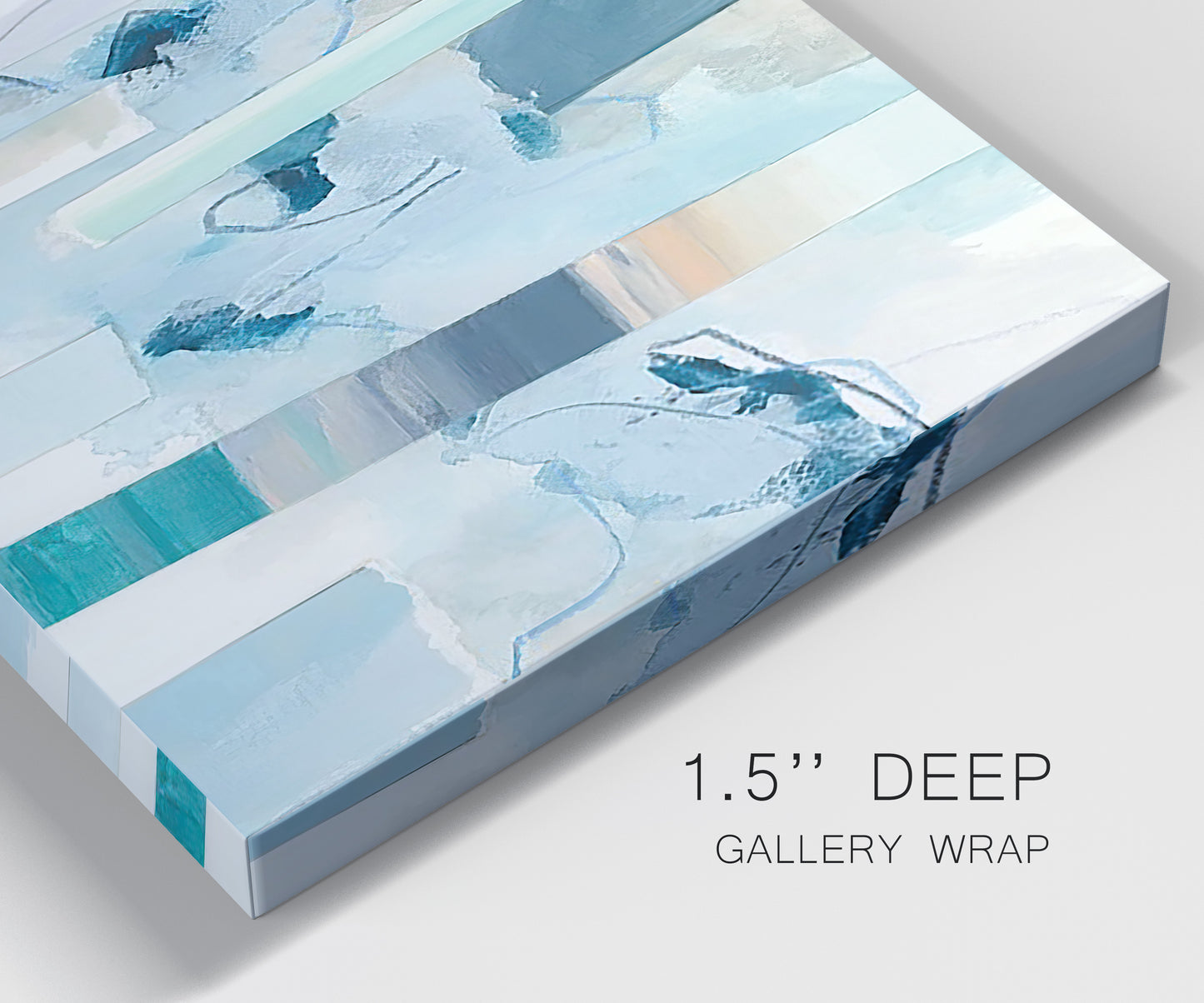 Close-up view of wrapped canvas corner featuring layered geometric abstract strata forms.
