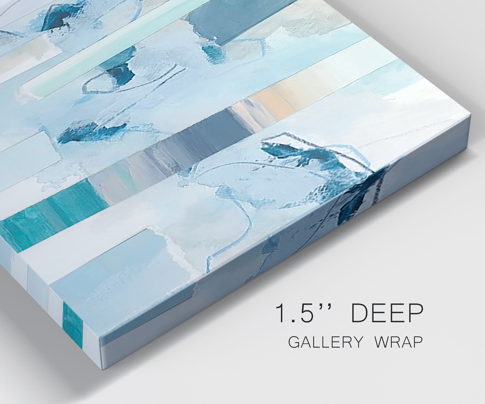 Close-up view of wrapped canvas corner featuring layered geometric abstract strata forms.