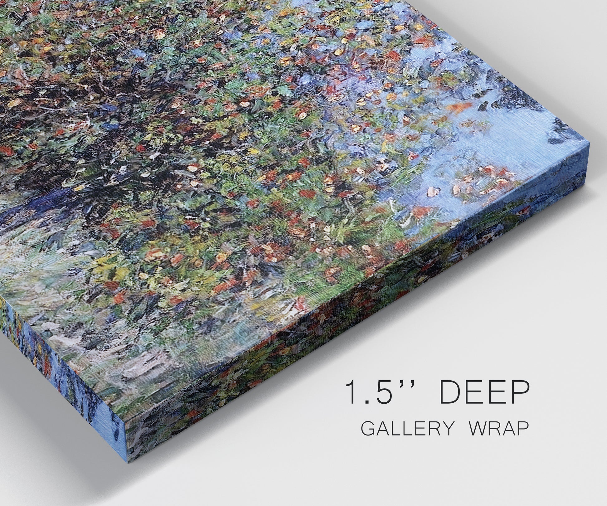 Close-up view of wrapped canvas corner featuring orchard of trees in spring bloom.