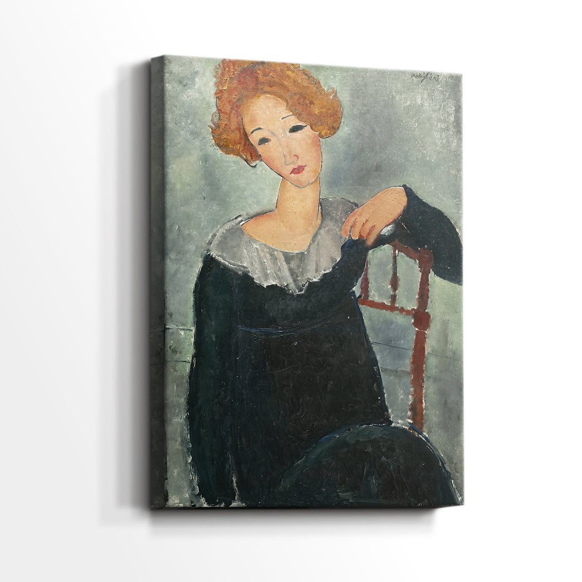 Side view of a canvas art print of a modernist figure with a long neck and minimal detail, showing gallery-wrapped depth.