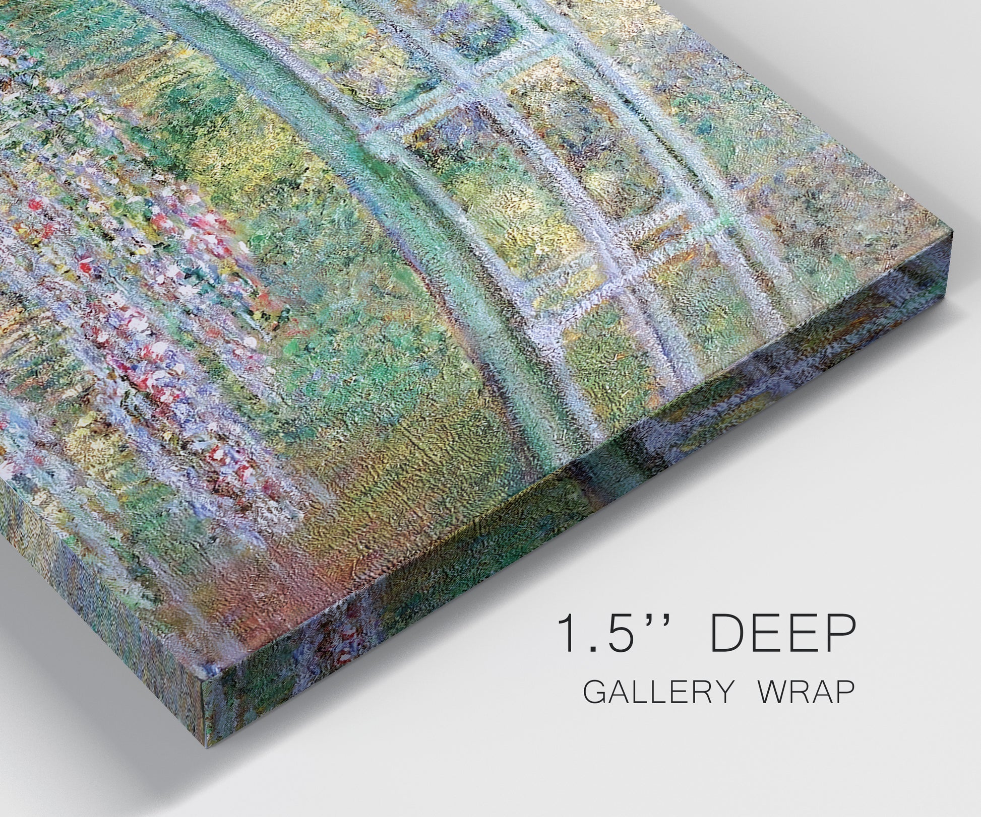 Close-up view of wrapped canvas corner featuring water lilies with arched bridge.