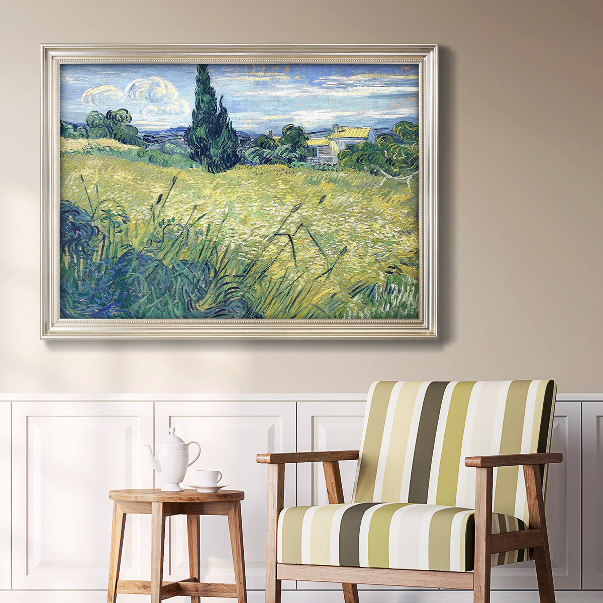 Green Wheat Field with Cypress - Ornate Framed Canvas Print