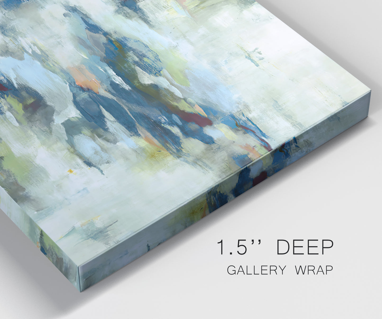 Close-up view of wrapped canvas corner featuring dreamlike abstract drifting motion.