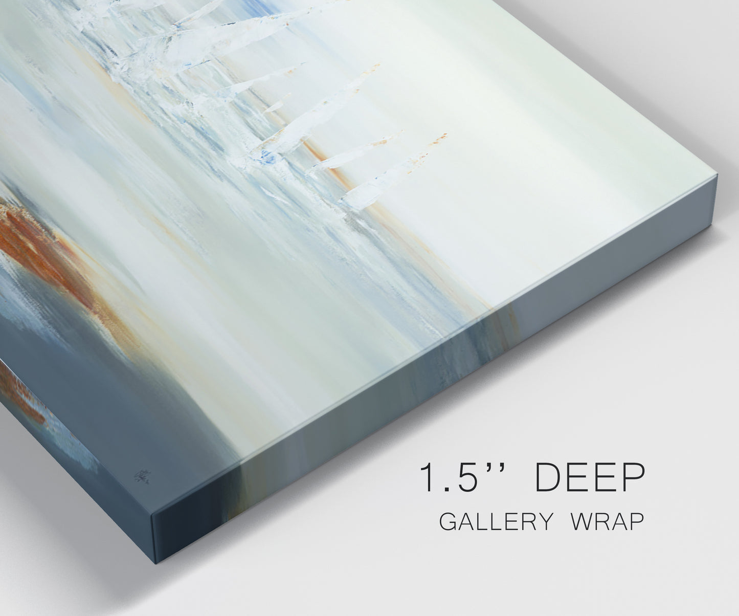 Close-up view of wrapped canvas corner featuring nautical abstract suggesting drifting calm.