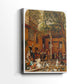 Side view of a canvas art print of a cultural setting with figures and patterned surroundings, showing gallery-wrapped depth.