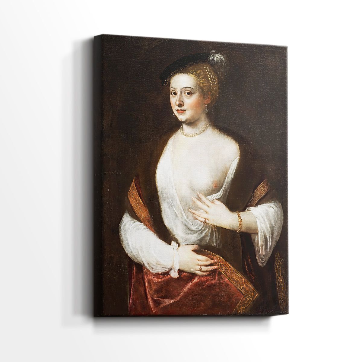Side view of a canvas art print of a composed portrait with subtle contrast and depth, showing gallery-wrapped depth.