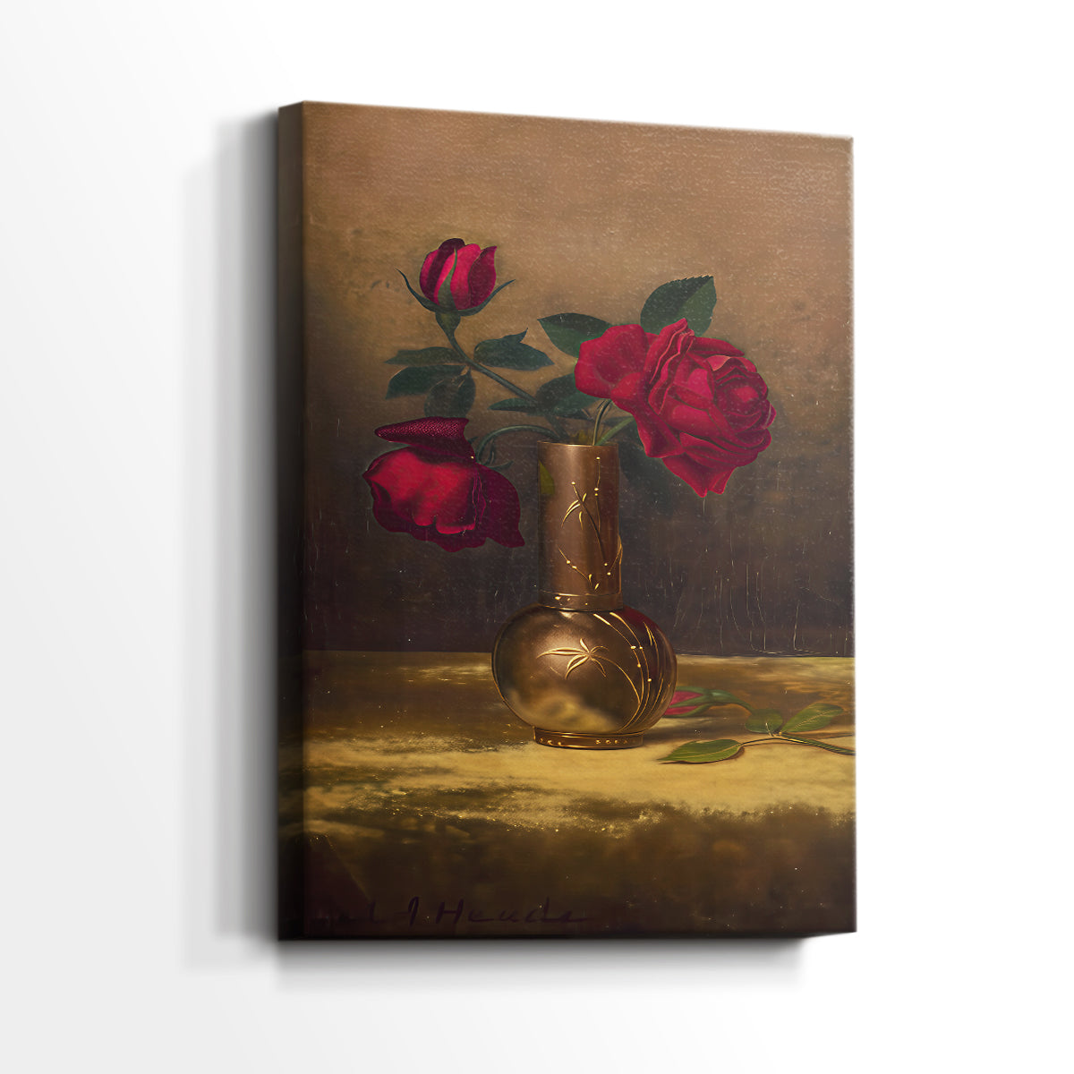 Side view of a canvas art print of a refined arrangement with deep tones and soft highlights, showing gallery-wrapped depth.