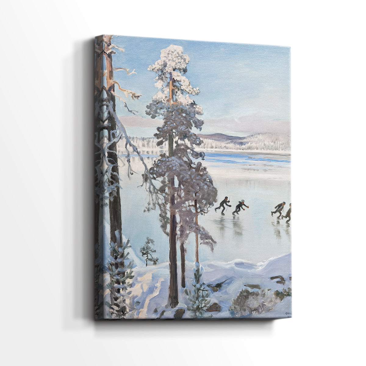 Side view of a canvas art print of a Nordic winter scene with people gliding across a frozen lake, showing gallery-wrapped depth.