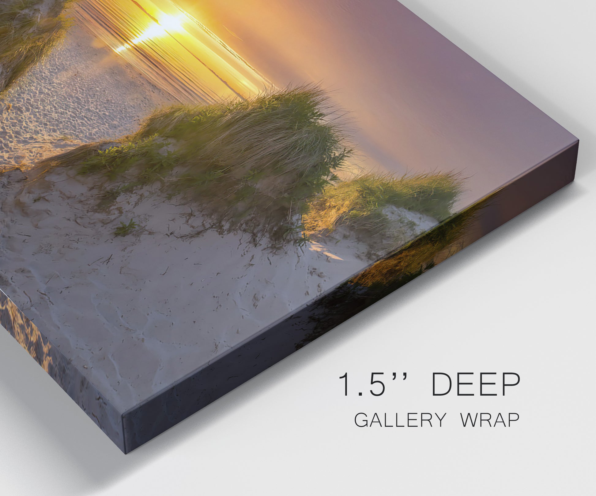 Close-up view of wrapped canvas corner featuring sunlit tropical path through greenery.