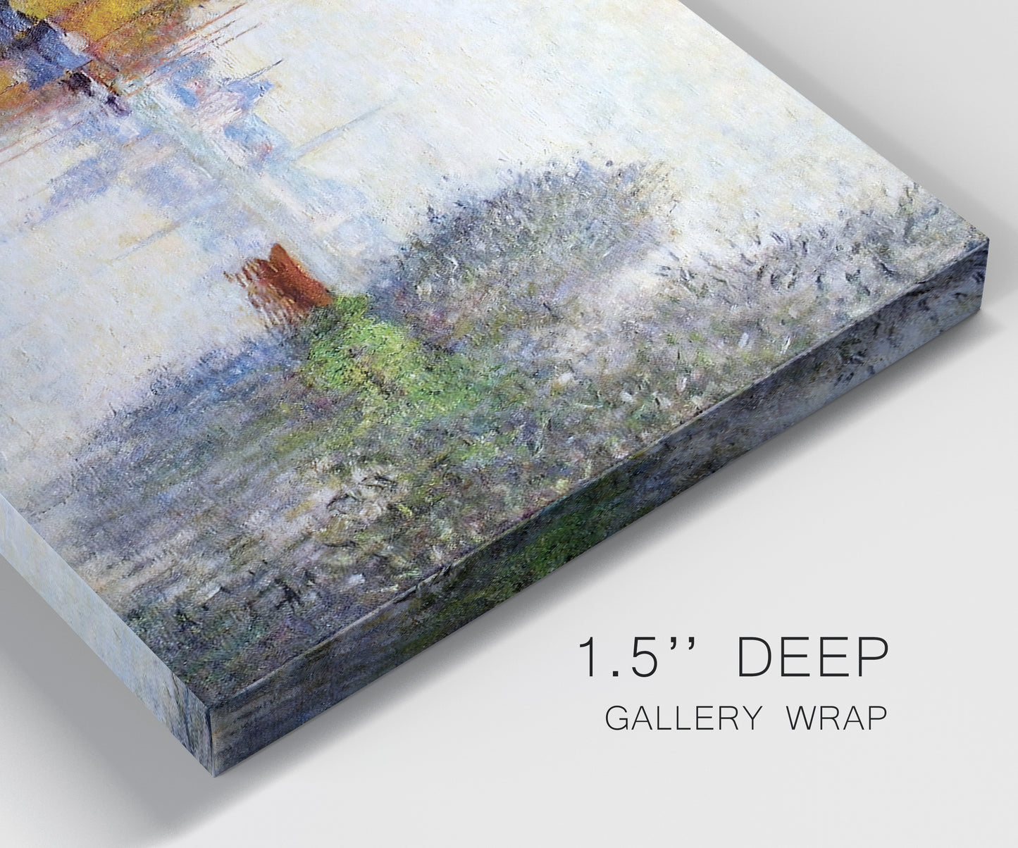 Close-up view of wrapped canvas corner featuring golden autumn light over riverside.