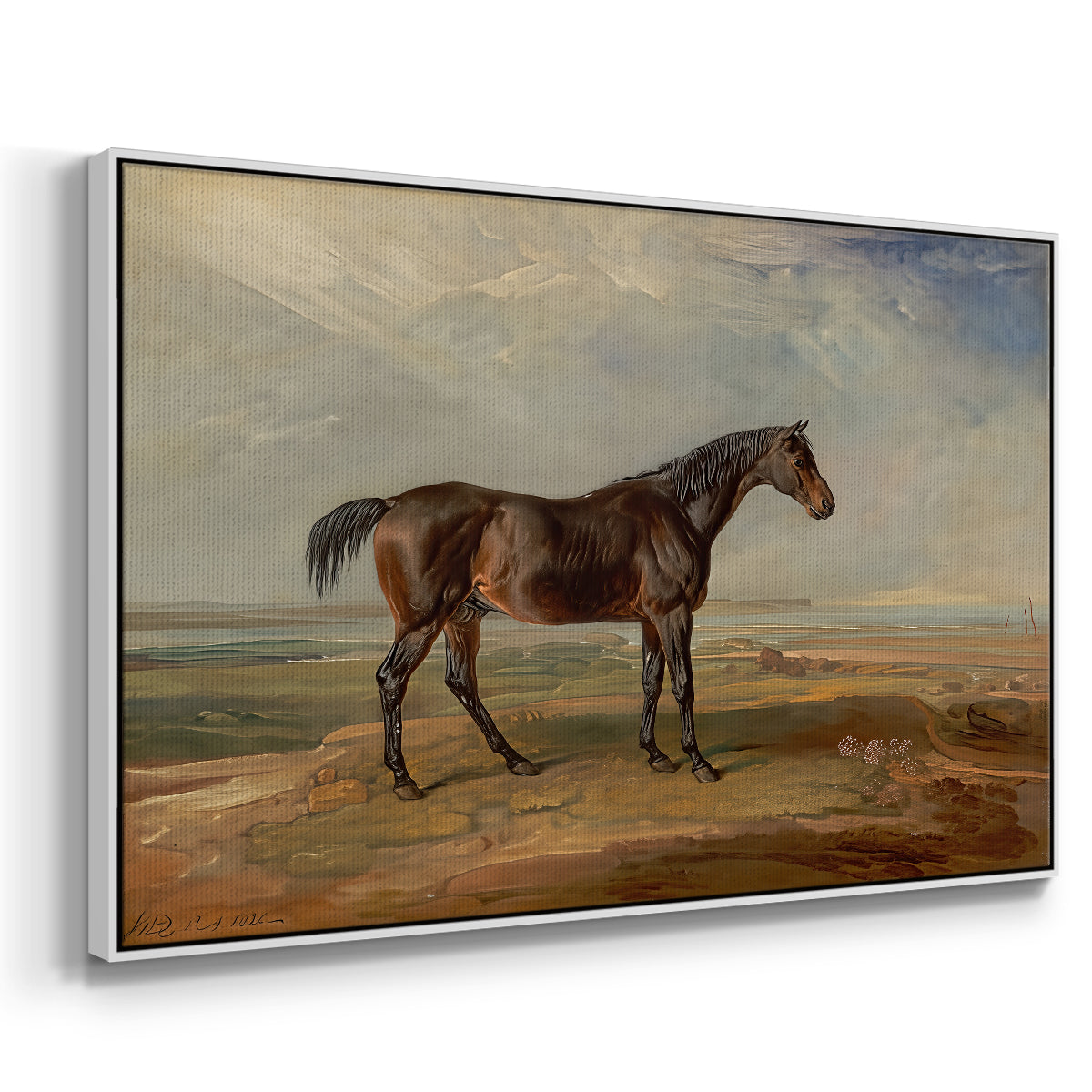 Dr. Syntax, a Bay Racehorse, Standing in a Coastal Landscape, an Estuary Beyond, c. 1820 - Floater Framed Canvas Print