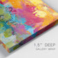 Close-up view of wrapped canvas corner featuring expressive abstract sunset tones.