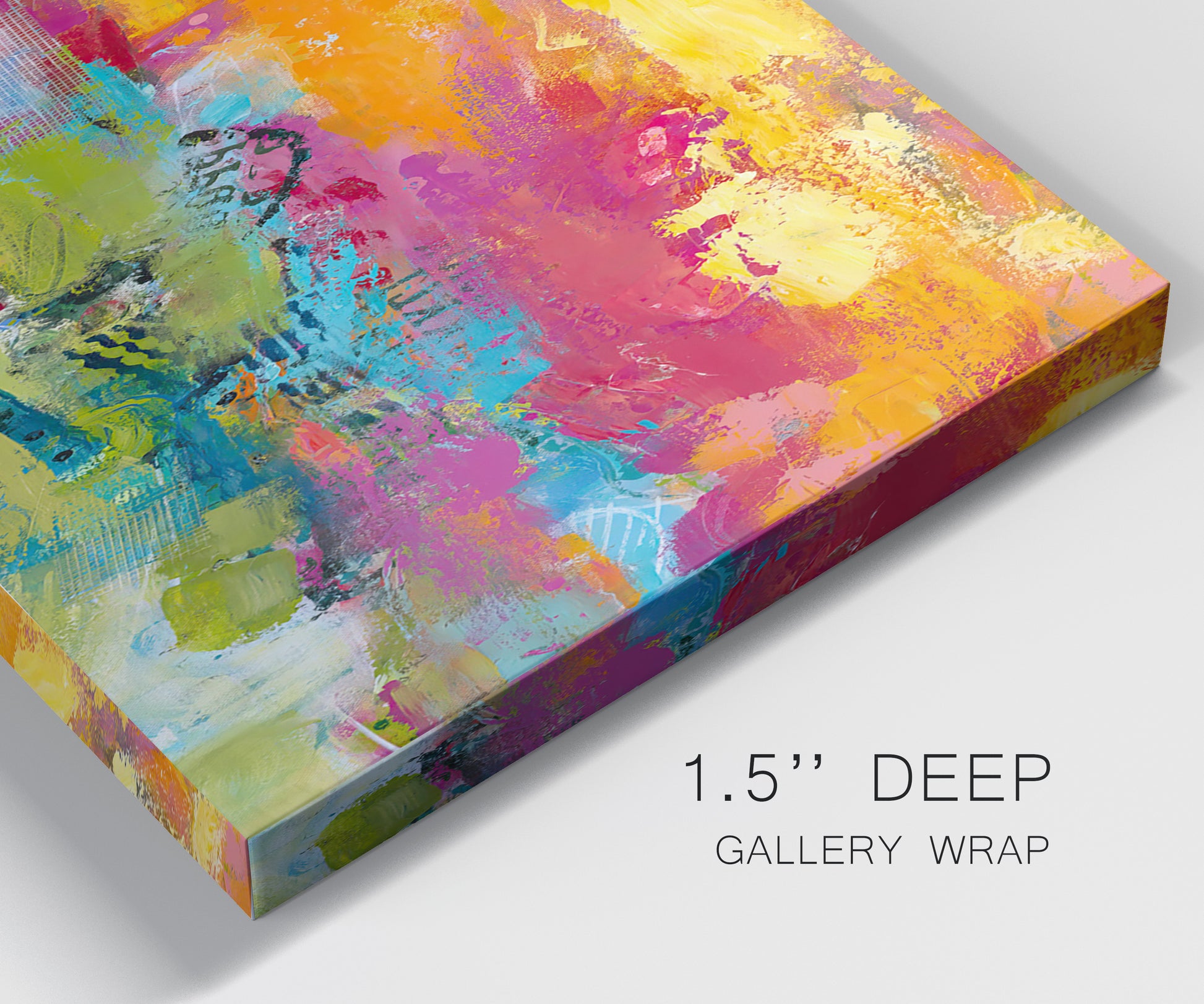 Close-up view of wrapped canvas corner featuring expressive abstract sunset tones.