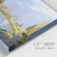 Close-up view of wrapped canvas corner featuring river flowing past village.