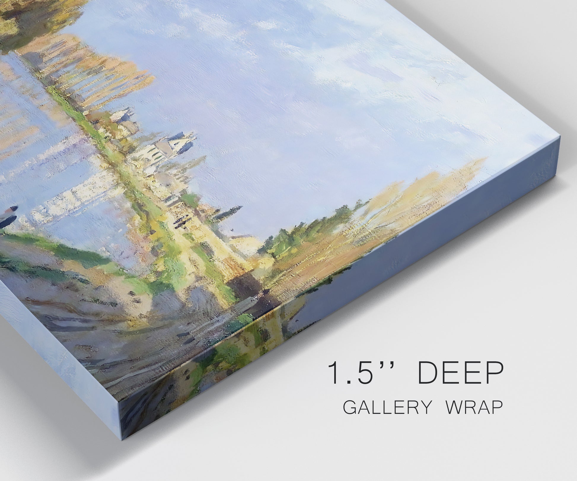 Close-up view of wrapped canvas corner featuring river flowing past village.