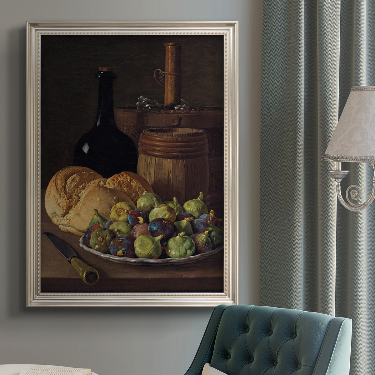 Realist still life with figs and bread by Luis Meléndez in an {frame_style_descriptor} displayed in a neutral interior setting.