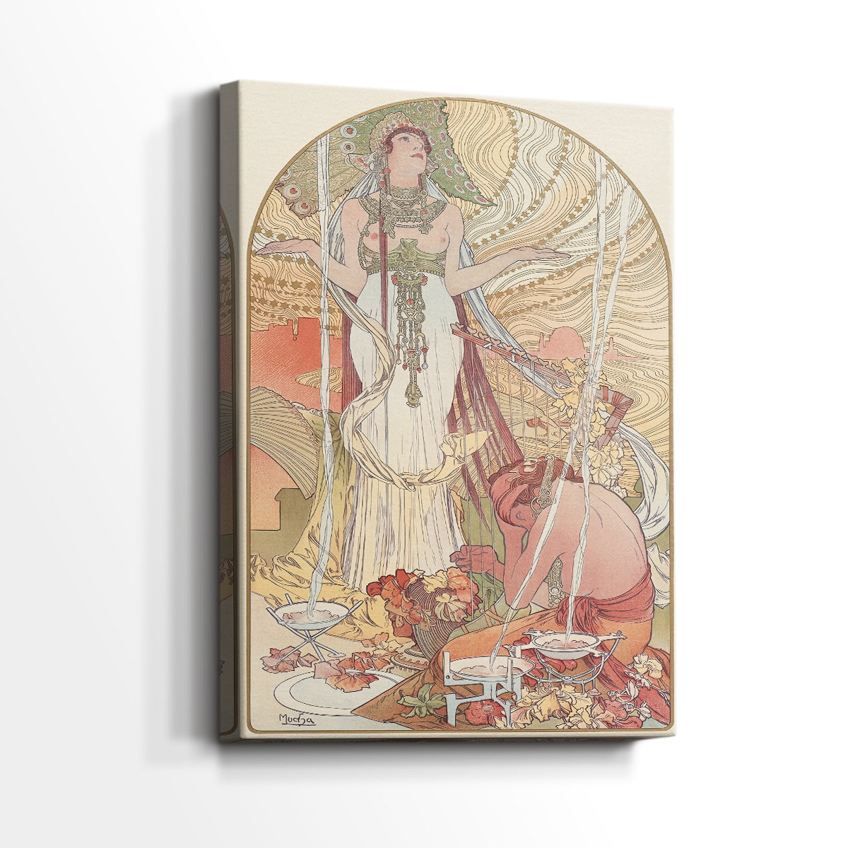 Side view of a canvas art print of a stylized portrait with mystical elements and soft tones, showing gallery-wrapped depth.