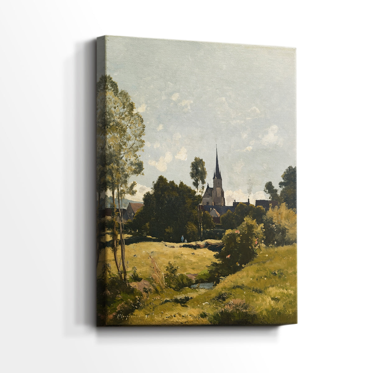Side view of a canvas art print of a quiet countryside view with architecture and greenery, showing gallery-wrapped depth.