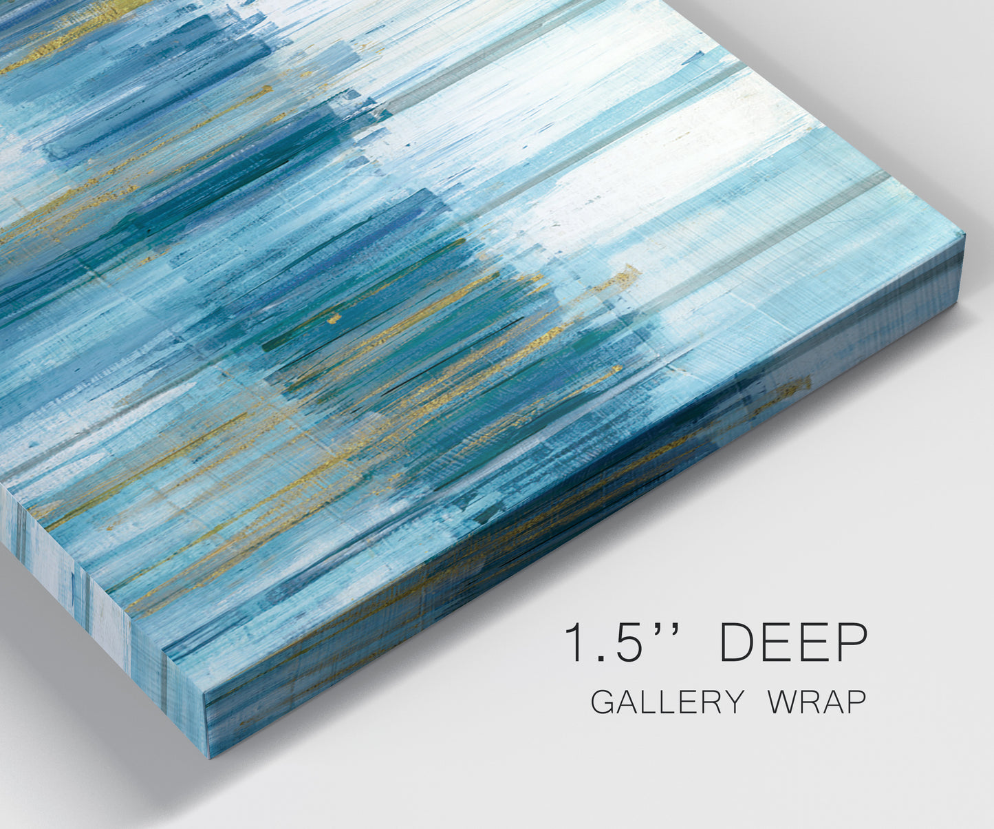 Close-up view of wrapped canvas corner featuring layered abstract earth tones.