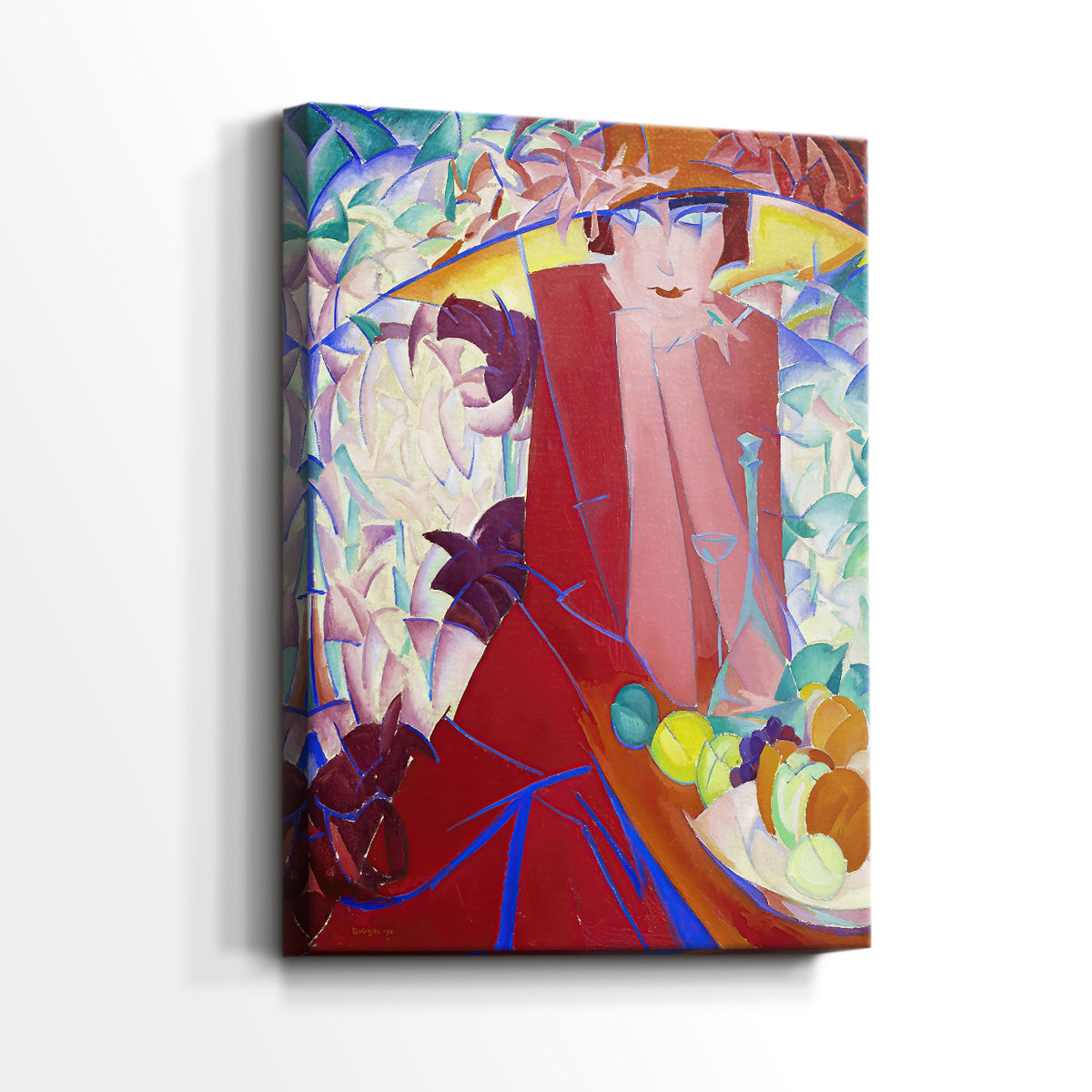 Side view of a canvas art print of a modern portrait with decorative patterns and vivid color, showing gallery-wrapped depth.