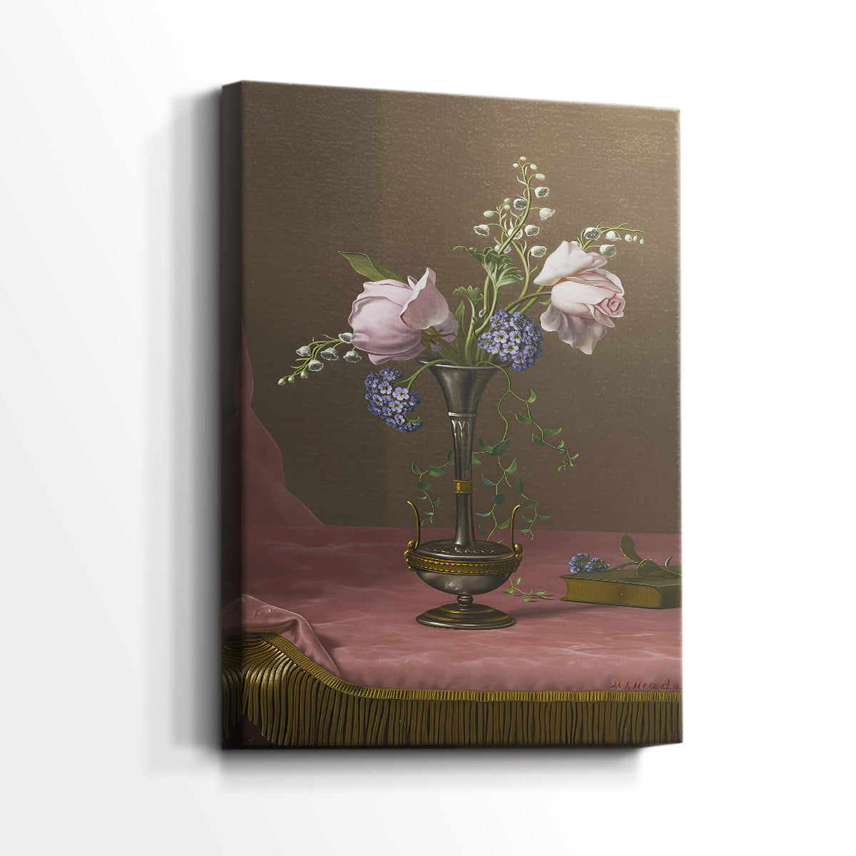 Side view of a canvas art print of a refined arrangement with delicate detail and smooth tones, showing gallery-wrapped depth.