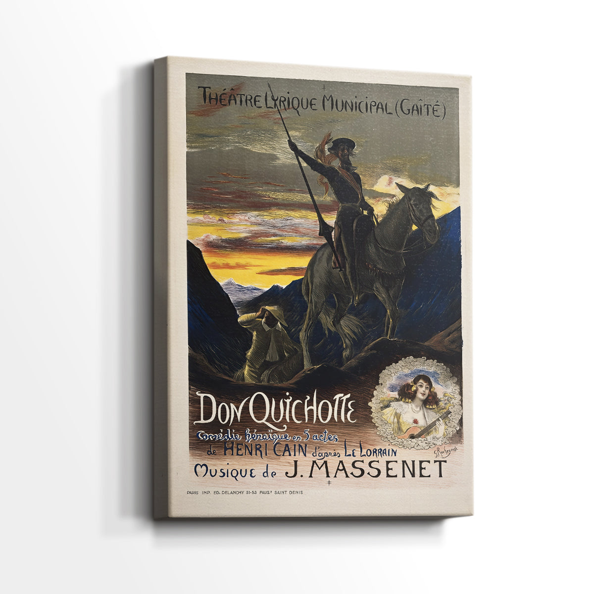 Side view of a canvas art print of a vintage design with strong outlines and muted tones, showing gallery-wrapped depth.
